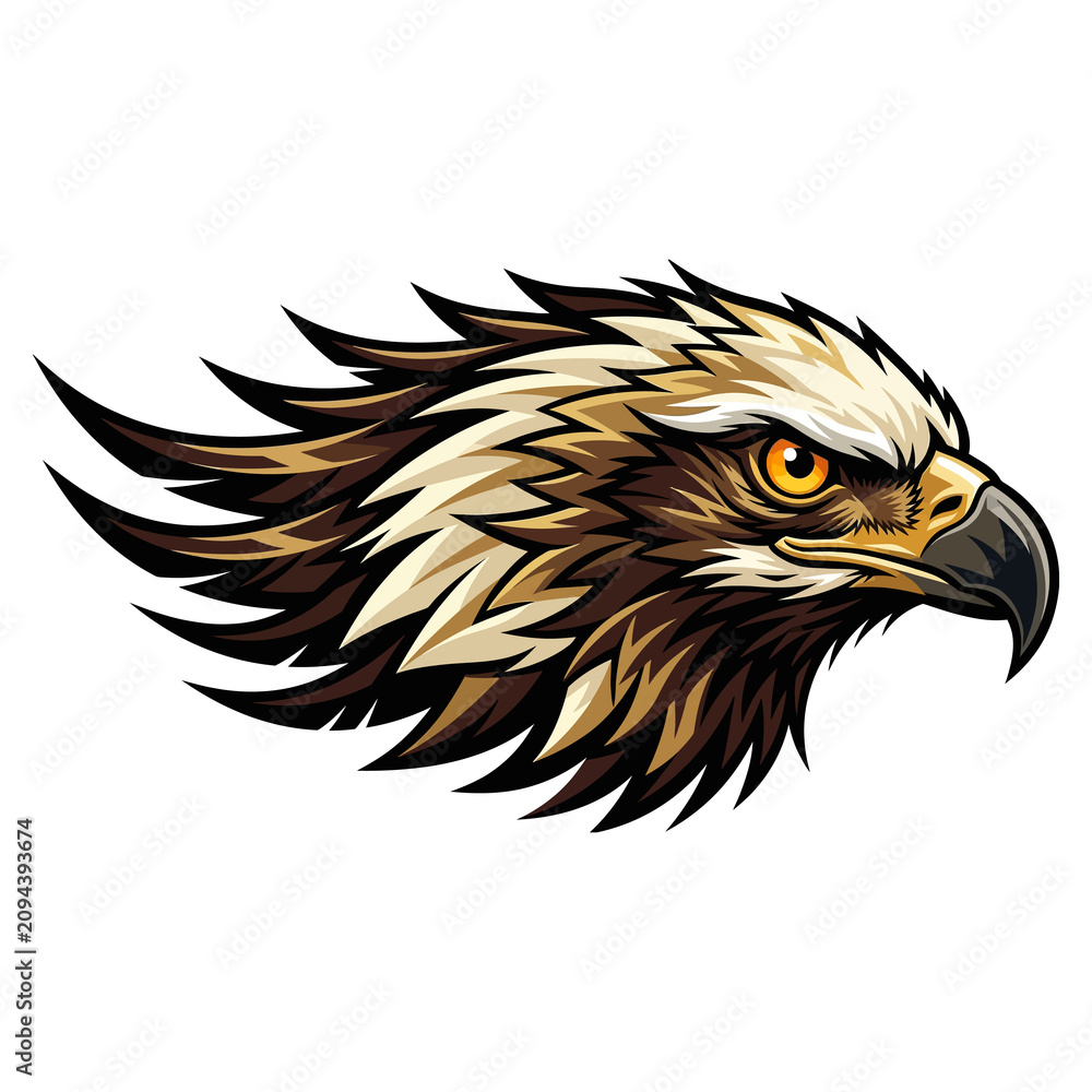 Fototapeta premium Black and gold eagle head detailed feathers, fierce expression, isolated on white background, black eagle head