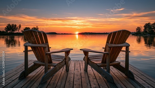 Two Adirondack chairs on a dock facing a vibrant sunset over calm water