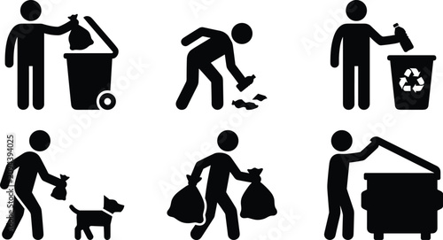 Tableau sur toile Waste Disposal and Recycling Stick Figure Pictogram Icon Set Featuring People Cl