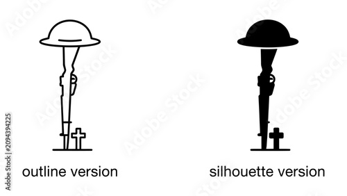 Fotografie Remembrance of Sacrifice: Two stark icons depict a soldier's helmet resting atop a reversed rifle, adorned with a bayonet, and a small cross, symbolizing remembrance and honor for fallen heroes