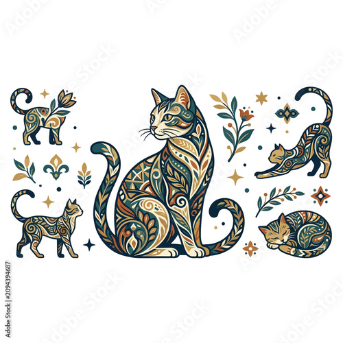 Set of detailed tiger, deer, and rabbit wildlife with floral and star accents in blue and gold tiger deer rabbit wildlife animal silhouette