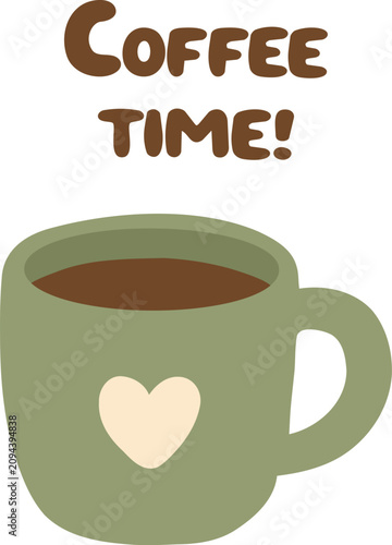 Coffee time mug with heart icon filled with hot coffee on light background, perfect for cafe promotions, greeting cards