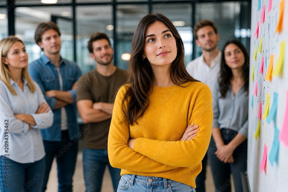 Obraz premium Young woman thinking during a creative team meeting in a modern office environment