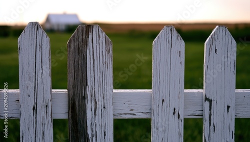 Weathered white picket fence in soft light, house beyond