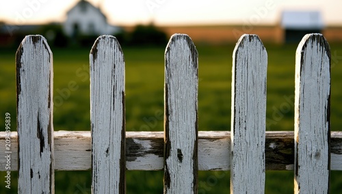 Weathered white picket fence frames a sun-drenched rural landscape