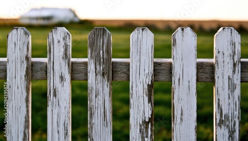 Rustic white picket fence weathered with age, against a blurred rural background