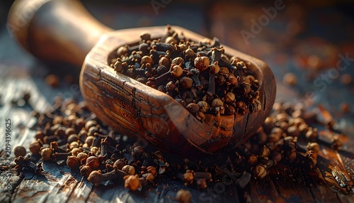 High Angle View of Aromatic Dried Whole Cloves in a Vintage Wooden Scoop on Dark Rustic Table Surface
