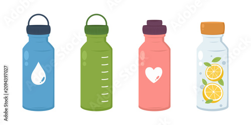 Reusable Water Bottle Collection with Hydration and Infused Drink Flat Vector Illustration