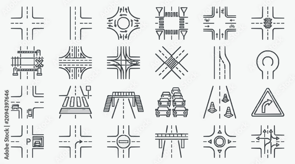 Fototapeta premium Corporate Minimalist Black and White Road Signs and Traffic Symbols Set with high quality professional line art symbols for modern creative design and digital branding projects