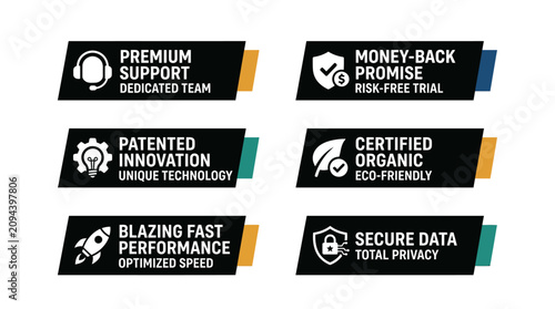 Set of Professional Vector Icons Representing Corporate Trust Quality Standards and Digital Performance Attributes for Business Websites