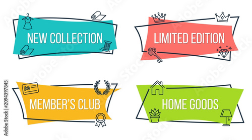Set of colorful marketing banners for new collection, limited edition, members club and home goods with hand drawn icons
