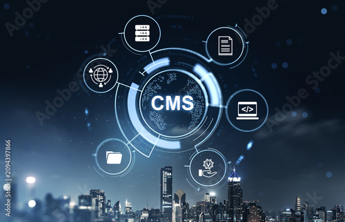 Digital CMS interface with futuristic icons over city skyline illustrating content management and technology ecosystem network concept.