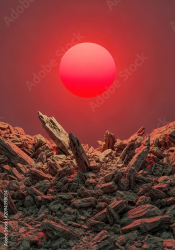 An abstract artistic landscape featuring a vibrant crimson sun setting over tumbling debris and rugged stones with a heavy gritty texture, destruction, background, grunge