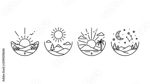 Bild auf Leinwand Set of four minimalist landscape circular line art icons representing time
