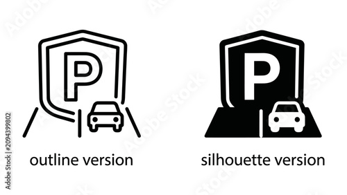 Bild auf Leinwand Parking Signage Icon Set: A comparison of an outline and silhouette icon for parking, featuring a shield emblem with a large letter 'P' and a car on a road