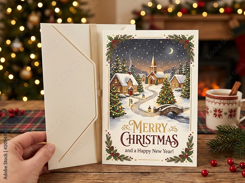 Fototapeta premium Hand holding white envelope next to open christmas card with snowy village scene and festive greeting on wooden table.