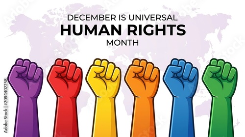 Raised diverse fists symbolizing unity and human rights. Multiracial hands in solidarity for equality and justice. Conceptual illustration for acti...