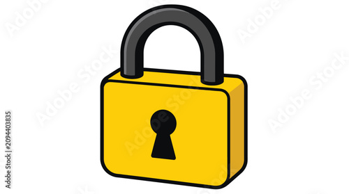 Yellow padlock with black shackle on white background