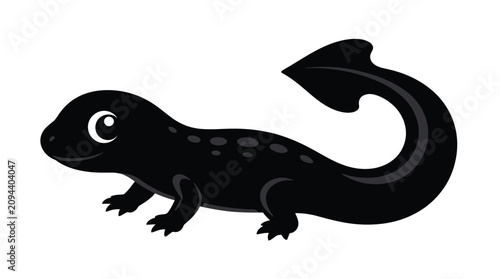 Black salamander silhouette with curved tail on white background