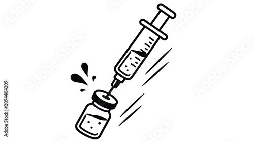 Syringe injecting into vial with liquid splash