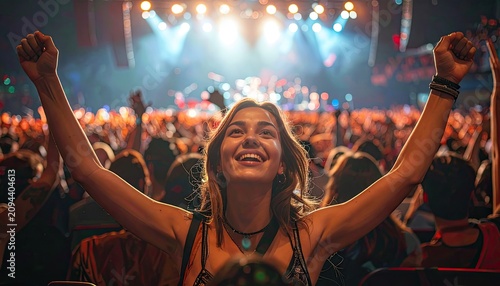 Young Woman Joyfully Cheering at a Vibrant Live Concert Event.
