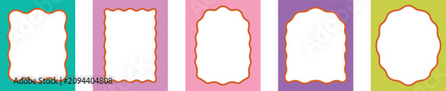 Colorful scalloped frame set. Vintage decorative border, card template, label, and blank badge concept vector illustration