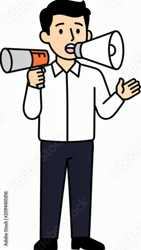 Man with megaphone in white shirt using loudspeaker for announcement or speech in a cartoon style