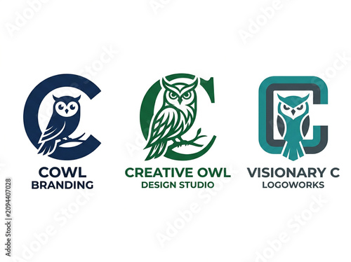 Three creative logo designs featuring owl inside letter C for branding studios