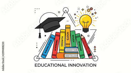 Educational innovation concept with books and graduation cap.