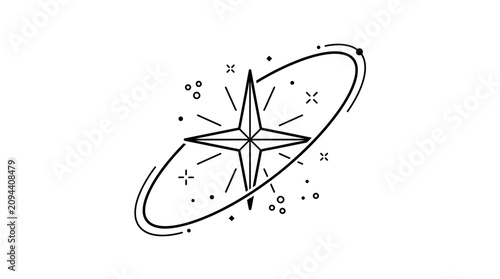 Fényképezés A black and white illustration of a compass with stars and celestial bodies