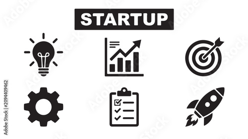 Black startup icons set including lightbulb, graph, target, gear, checklist and rocket for business concepts