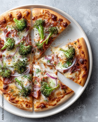 Overhead view of pizza with broccoli, salami and cheese on plate
