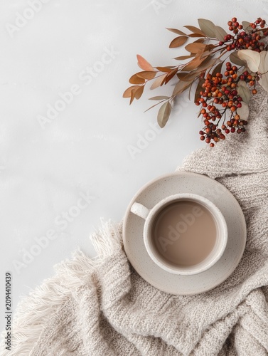 Cozy autumn flat lay with coffee cup and knitted blanket