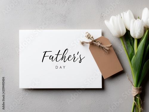 Minimal Father's Day greeting card mockup with tulips and gift tag