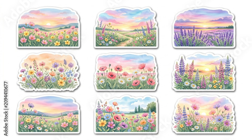 Beautiful watercolor landscape paintings of colorful fields flowers and sunset skies for art and decoration