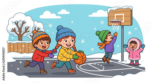 Children playing basketball outdoors in winter on snow covered court with colorful jackets and hats