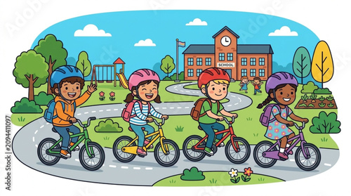 Group of diverse children riding bicycles on park pathway in bright sunny day with school building in background