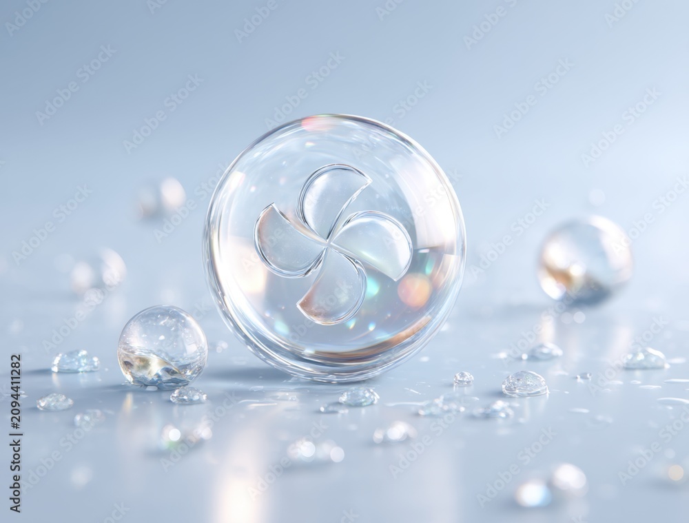 Fototapeta premium Clear Glossy Ball with Abstract Shape Inside Surrounded by Water Droplets on Light Surface