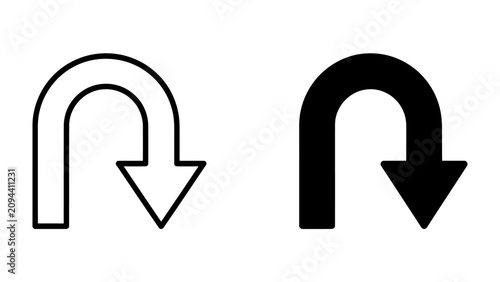 Foto U-turn Icon Duo: Two distinct U-turn icons, one outlined in black and the other solid black, visually represent a reversal or change of direction