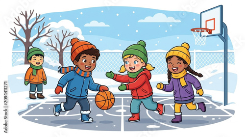 Children playing basketball outdoors on a winter day with snow and colorful clothing on a vibrant court