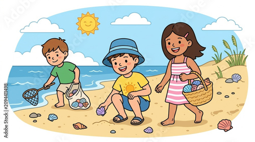 Children enjoying a sunny day at the beach collecting shells with bright colors and playful expressions