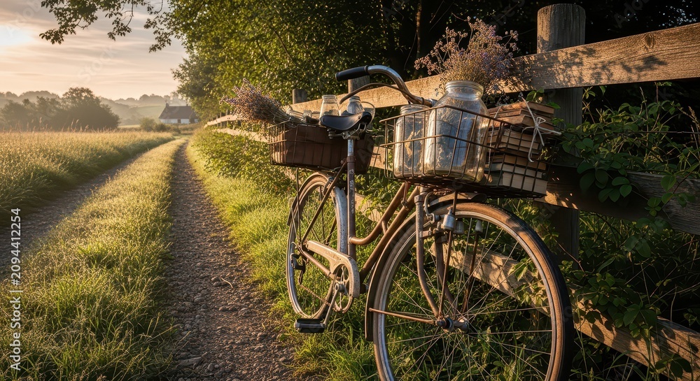 Fototapeta premium Vintage Bicycle with Jars and Herbs by Rural Path at Sunrise