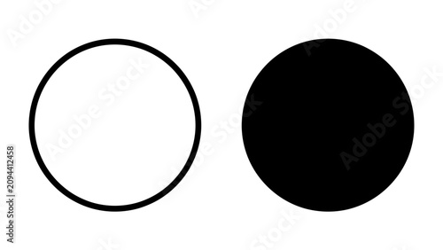 Photos Juxtaposition of Shapes: A stark representation of contrast, showcasing a black circle adjacent to a hollow white circle, symbolizing duality, balance, or opposition