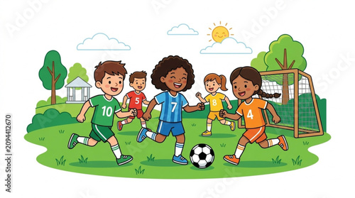 Children playing soccer game outdoors on sunny day with green field trees and goal post in vibrant colorful cartoon style