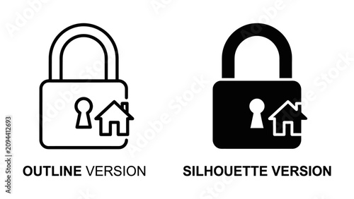 Bild auf Leinwand Home Security Icons: Two graphic representations of a padlock and house symbol, one in outline and one in silhouette, symbolizing protection and security for a home