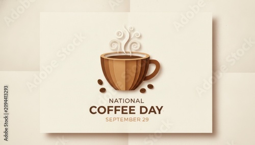 Decorative layered paper cutout sign shaped like a coffee mug celebrating national coffee day on september twenty ninth with elegant brown tones and crisp white typography on a bright studio surface.
