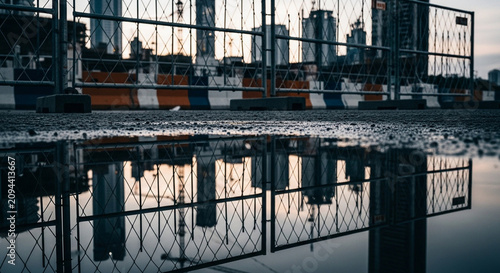 City skyline and construction barriers reflected in a large puddle on a wet urban street.