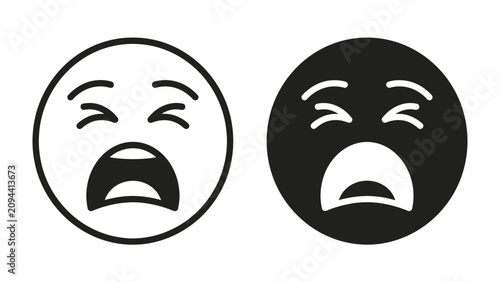 Schilderij op canvas Sad Emoticon Duo: A graphic representation of two crying or sad emoticons, one in black and white outline and the other in solid black, conveying a universal feeling of unhappiness or distress