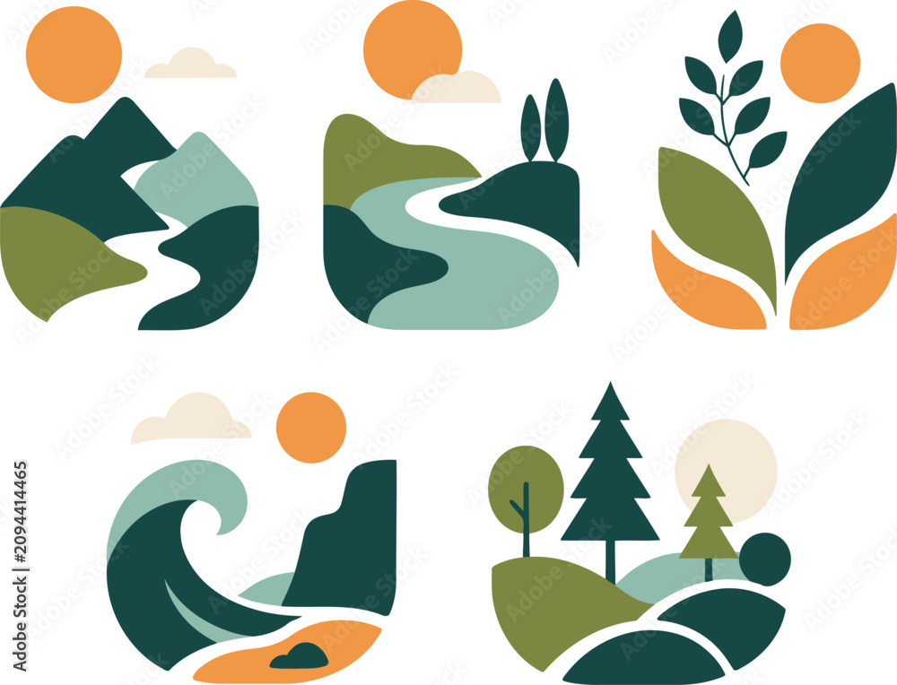 Obraz premium Modern Abstract Nature Landscape Icons Set – Mountain, River, Forest, Leaf and Wave Flat Vector Collection