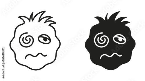 Canvastavla Dizzy Face Icon: A simple line drawing and a silhouette icon depict a face with swirly eyes and a worried expression, conveying feelings of dizziness or confusion